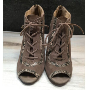 Isola Women's Size 6.5 Brea Peep Toe Heel Bootie Taupe Gray Suede Snake Print